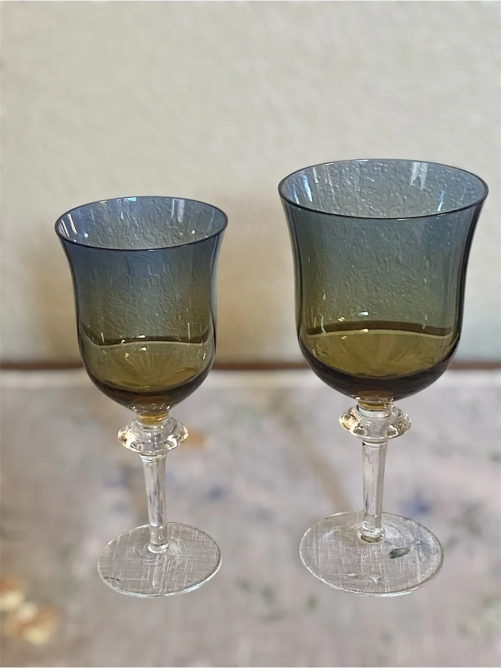 Rare Pair Vtg Ombre Blue & Amber Stemmed water Wine Glasses Handblown Sweden